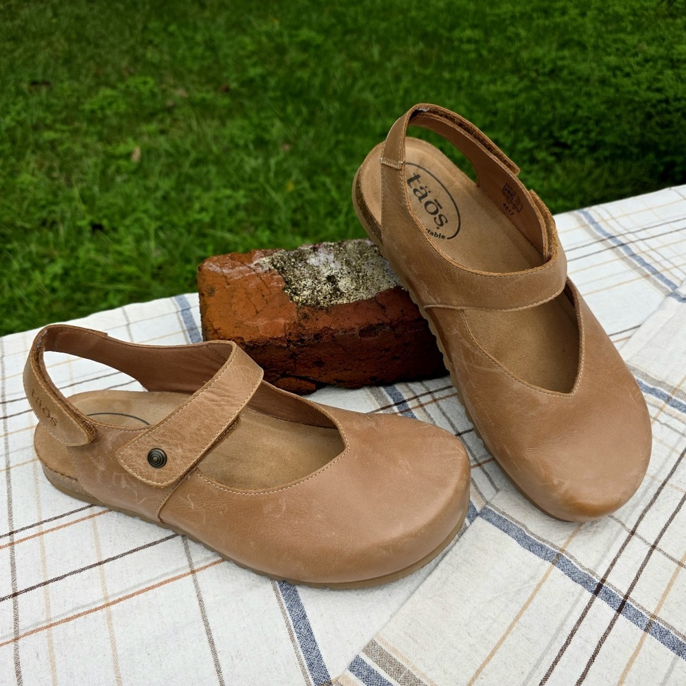 Taos Extra Clogs Size 9 Tan Leather Open Heel Strap Mary Janes Flats Spain